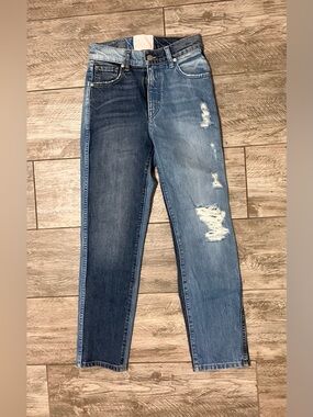 REVICE Two-Tone Distressed Blue Straight Leg Jeans